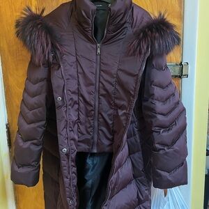 Tahari Dark wine Puffer Coat with Faux Fur